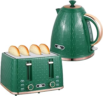 HOMCOM Kettle and Toaster Set, 1.7L 3000W Fast Boil Jug Kettle with Auto Shut Off, 4 Slice Toaster with 7 Level Browning Controls & Crumb Tray, UK Otter Thermostat, Green