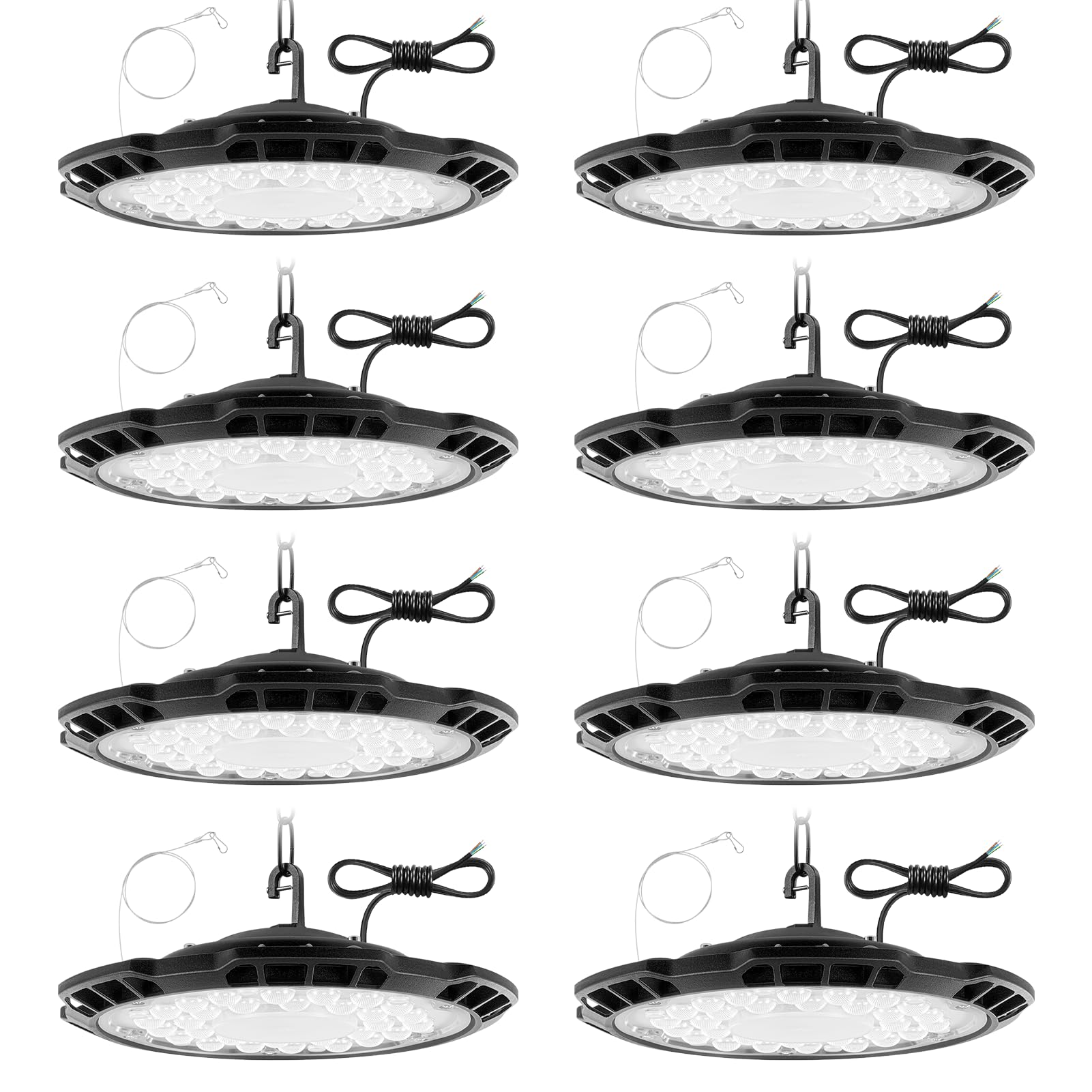 8PCS 150W UFO LED High Bay Light, 15000lm 6500K Workshop Lighting, Cool White LED Work Lights, IP65 Waterproof Commercial Industrial Lamp for Factories Garage Warehouse with 75cm Cable, 50CM Chain