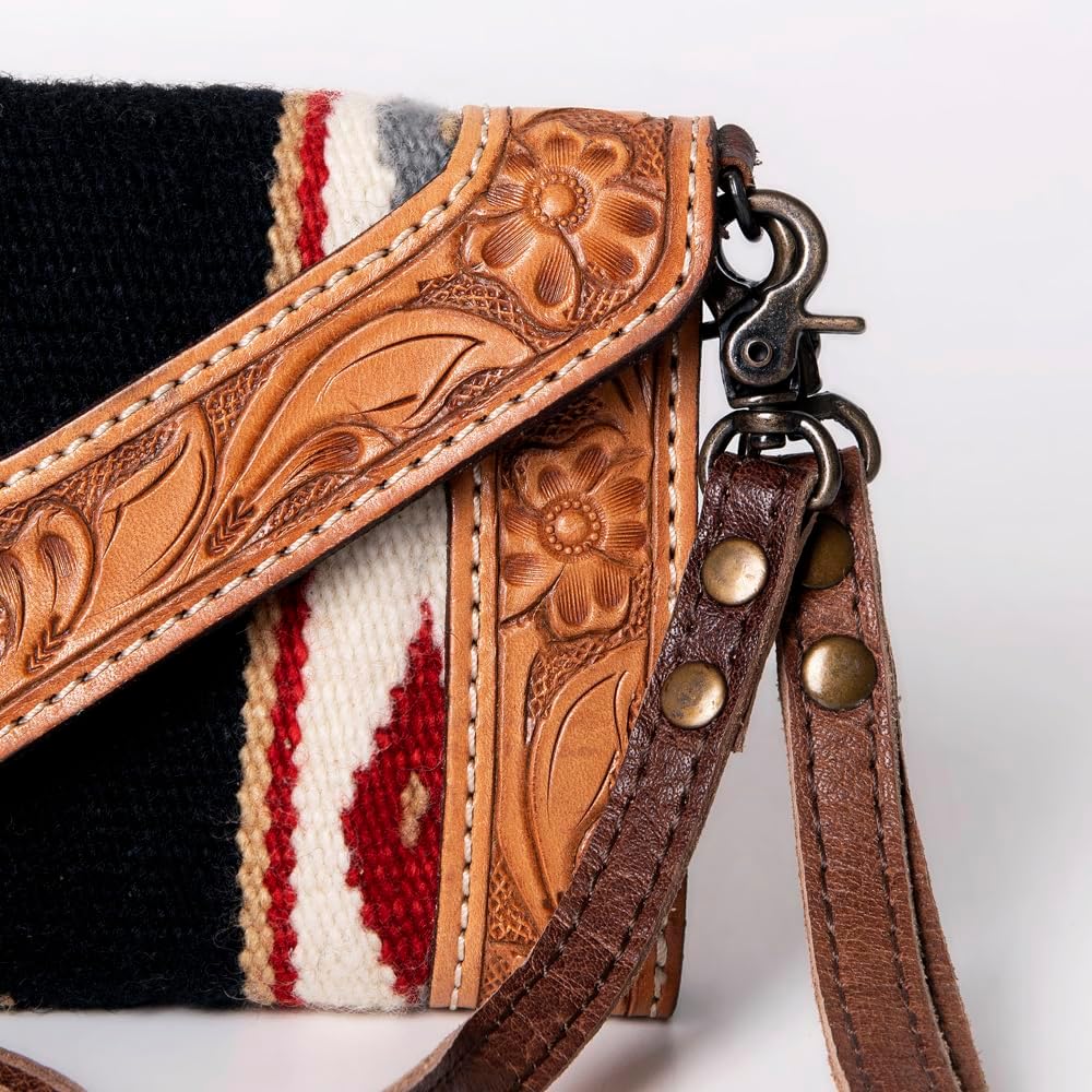 American Darling Envelope Western Hand Tooled Genuine Leather and Saddle Blanket Purse with Wristlet and YKK Zipper
