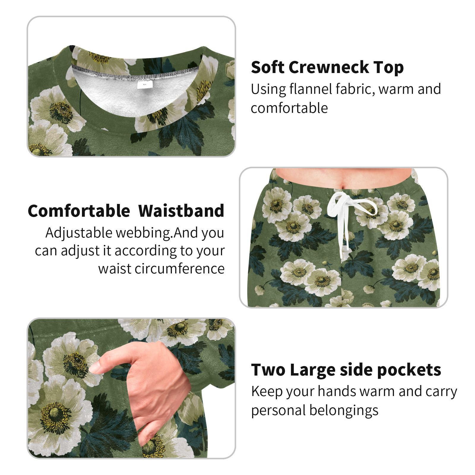 Casualowy damski zestaw piżamowy Anemone Coronaria Sage Green top i spodnie z długim rękawem