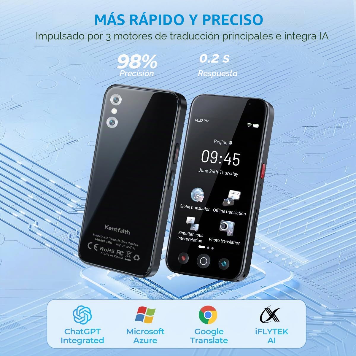 kentfaith Dispositivo Traductor de Voz Portátil, 144 Idiomas Online&Offline, Pantalla 5” Táctil, Cámara 8MP, ChatGPT Integrado, Traductor Bidireccional Instantáneo para Viajes/Negocios/Estudio -128G