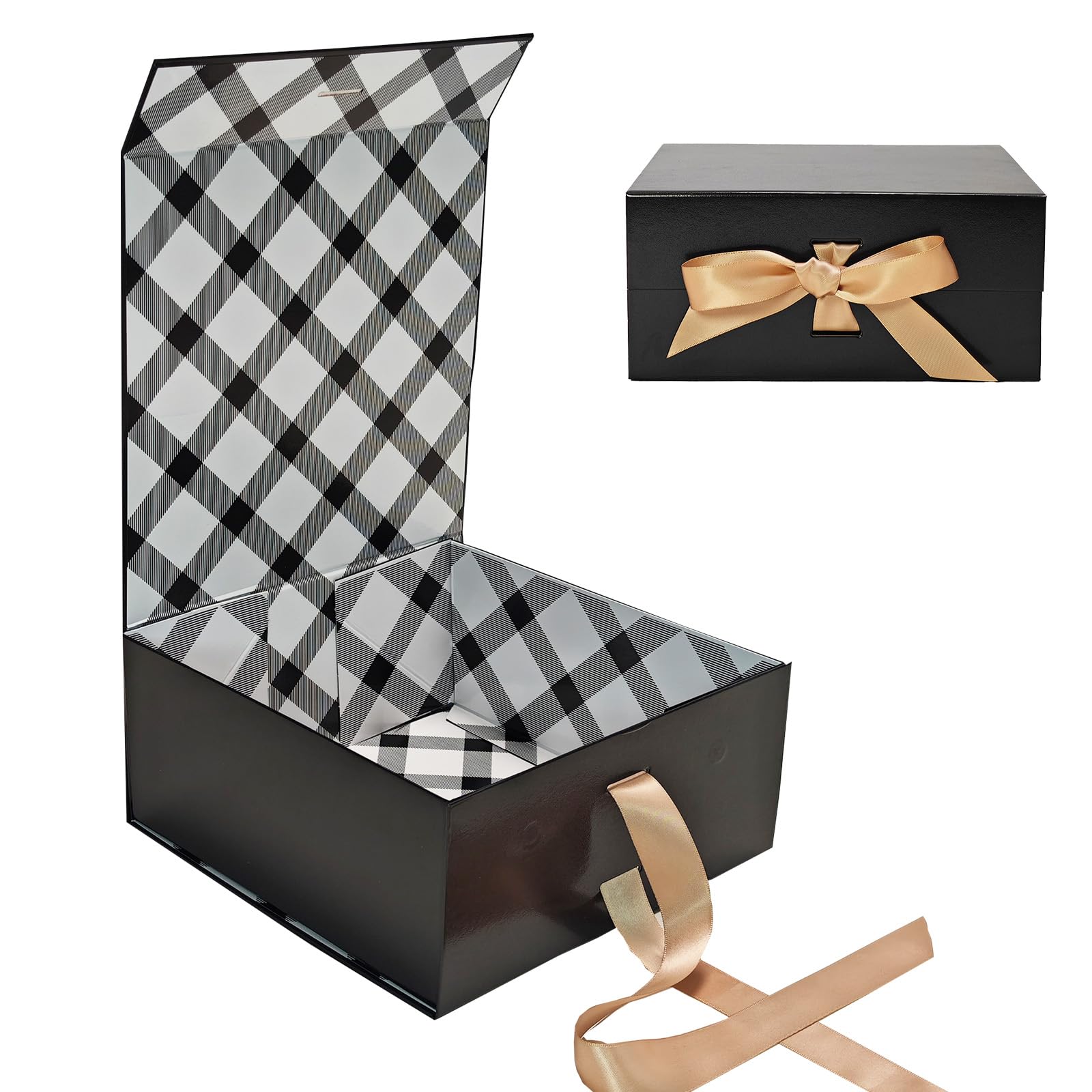 Tekhoho Schwarze Geschenkbox 22x22x10cm, Premium Geschenkbox mit Magnetdeckel und Schleife für Feiertage Hochzeit Geburtstag Geschenkverpackung, Kariertes Futter