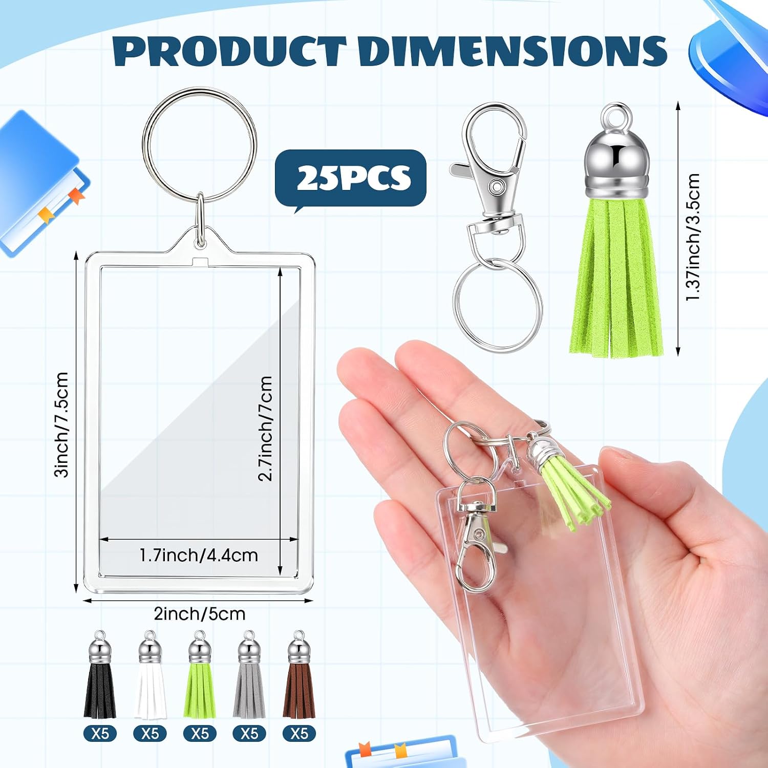Chuangdi Large Acrylic Photo Keychains with Tassels 3x2.2 inch Custom Picture Frame Keyring for DIY Making Supplies