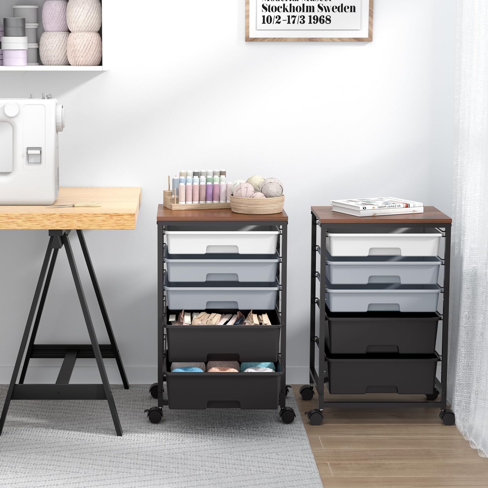 SYKIARIOL Carro de rodillos con 5 cajones para baño, carro de cocina con ruedas con tablero de madera, carro con ruedas para cocina, sala de estar, dormitorio, oficina, color gris