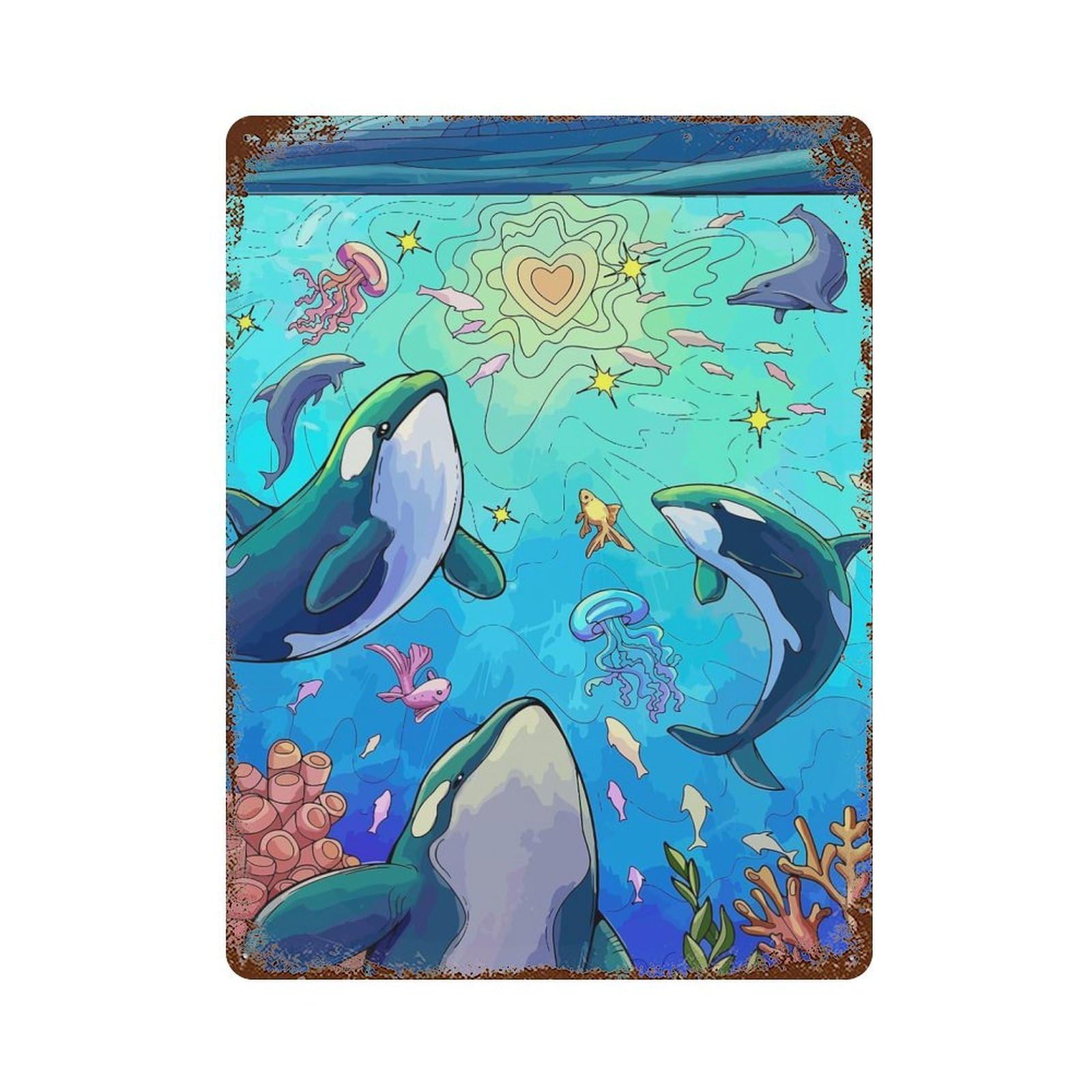 Rust Effect Love Orcas And Coral Reef Vintage Rust Metal Sign 15.7"x11.8", Farmhouse Wall Decor for Farmhouse, Kitchen And Entryway Decor