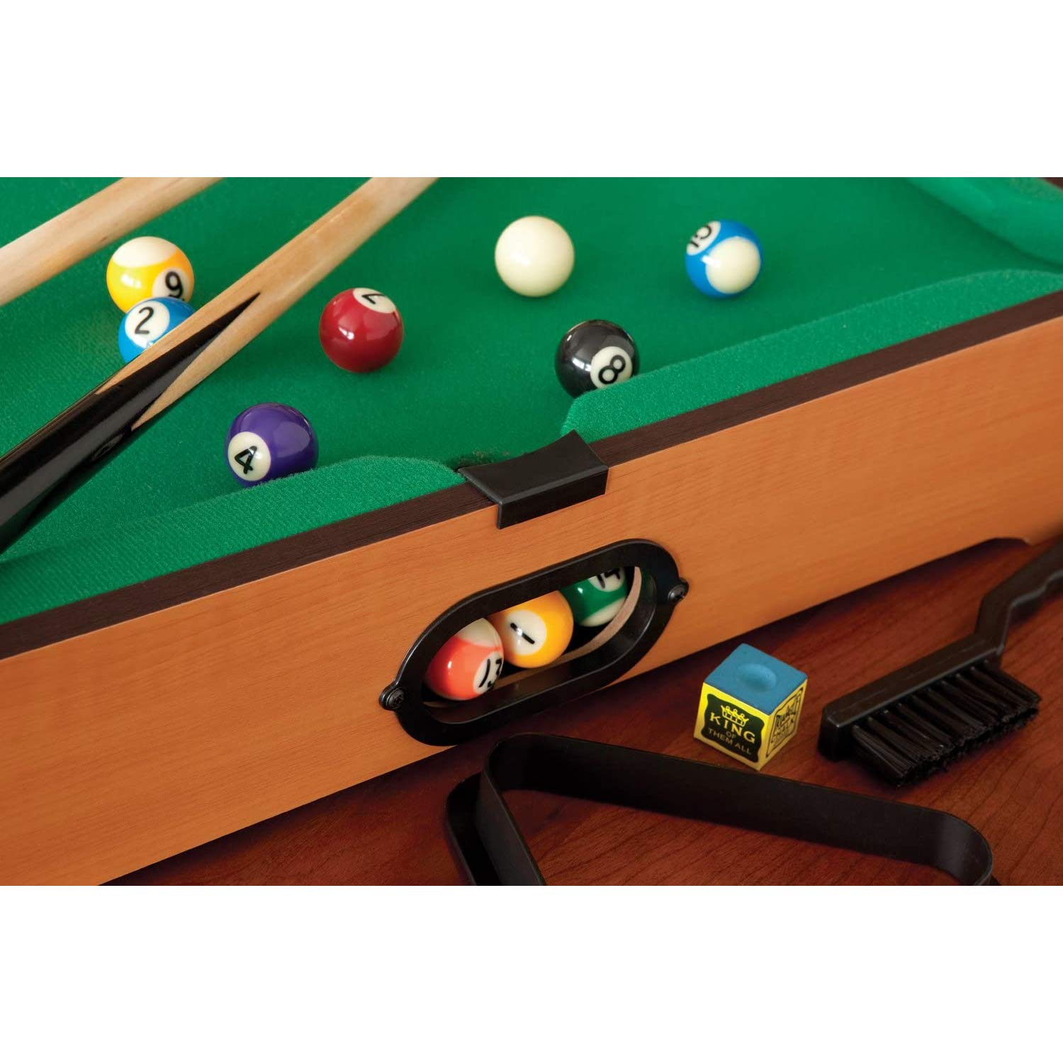 05387 Juego de Billar de sobremesa 51cm. Incluye 2 Palos, 2 Tacos, Cubo de Tacos, triángulo para Bolas, un Cepillo y 16 Bolas de Billar