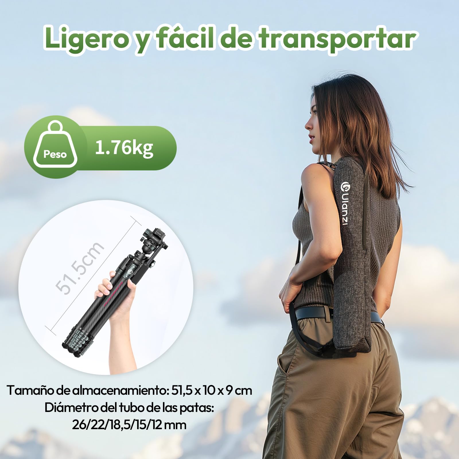 ULANZI JJ06 GlideGo Trípode de Vídeo de Fibra de Carbono, Trípode de Cámara con Doble Cabezal panorámico de 360°, -50°/+60° Tilt Pan, Placa de Liberación Rápida Uka y Mango Destornillador, 18kg MAX