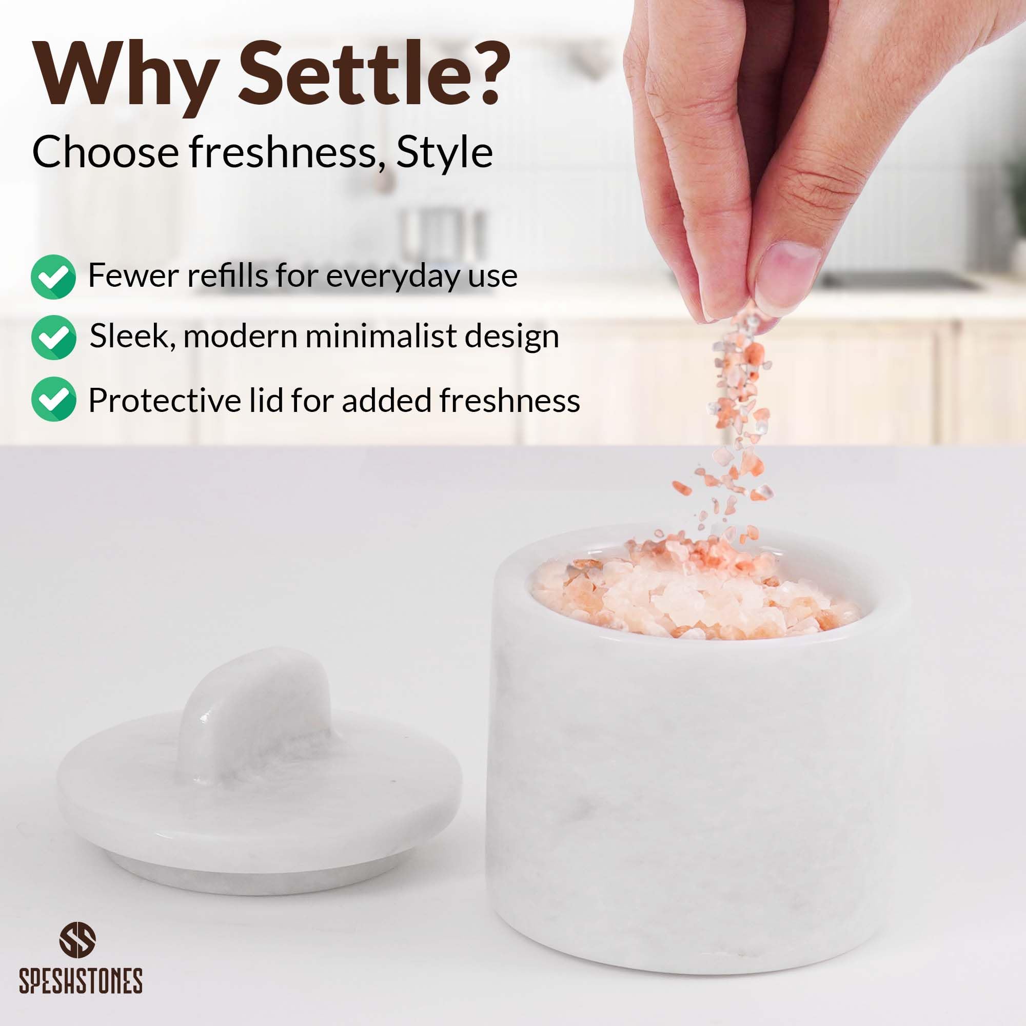 SPESHSTONES Salière en marbre avec couvercle et cuillère de 10,2 cm - Blanc - Petits récipients d'assaisonnement faits à la main - Pots à épices décoratifs, sucrier avec cuillère et salière feuilletée