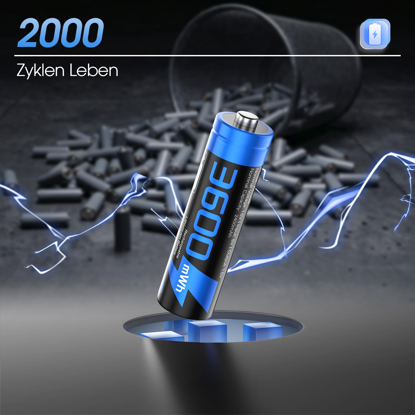 Batterie al litio ricaricabili AA con caricabatterie, 1,5 V, 3600 mWh, ad alta capacità, 2000 cicli, ricaricabili a lungo (blu)