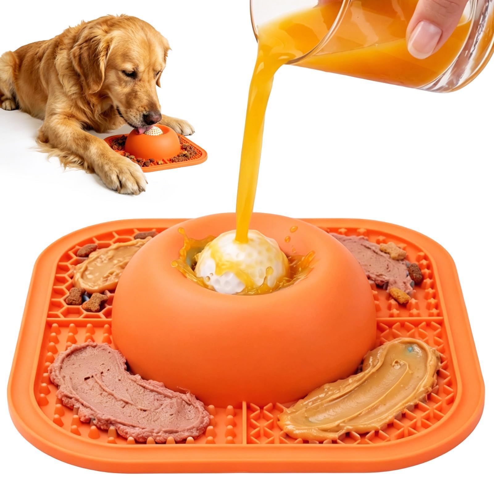 Slow Feeder Dog Bowls &amp; Lick Mat for Liquid and Thick Treat, Anti-Slip Dog Lick Bowl with Interactive Rolling Ball, 5/6 Cup Pup Licking Toy for Large Medium Small Dogs and Cats Orange