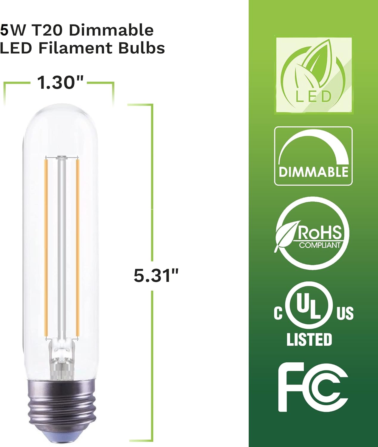 Bioluz LED 94 CRI T10 LED Bulb 40W (Uses only 5W) E26 Base Filament Bulb Soft White 3000K T10 LED Edison Bulb Works with Dimmable or Non-Dimmable UL-Listed Title 20 High Efficacy Lighting 6-Pack