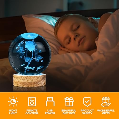 Miniatura 5 de Lámpara de bola de cristal con forma de rosa 3D de 3.15 pulgadas, con base de madera que cambia de color y control remoto, aniversario, San