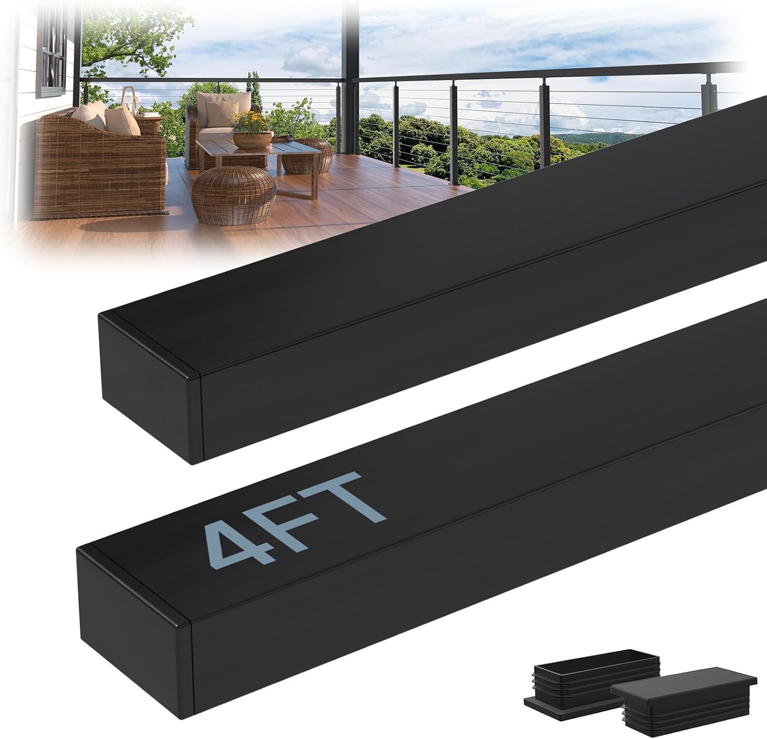 2Pack 4FT Stainless Steel T304 Black Handrail for Cable Railing with Nylon End Cap Kits, 2.36" x 1.18" Cuttable Flat Handrail Rectangular Top Rail, Stair Railing Indoor Outdoor DIY Balustrade 2 Pack 4FT