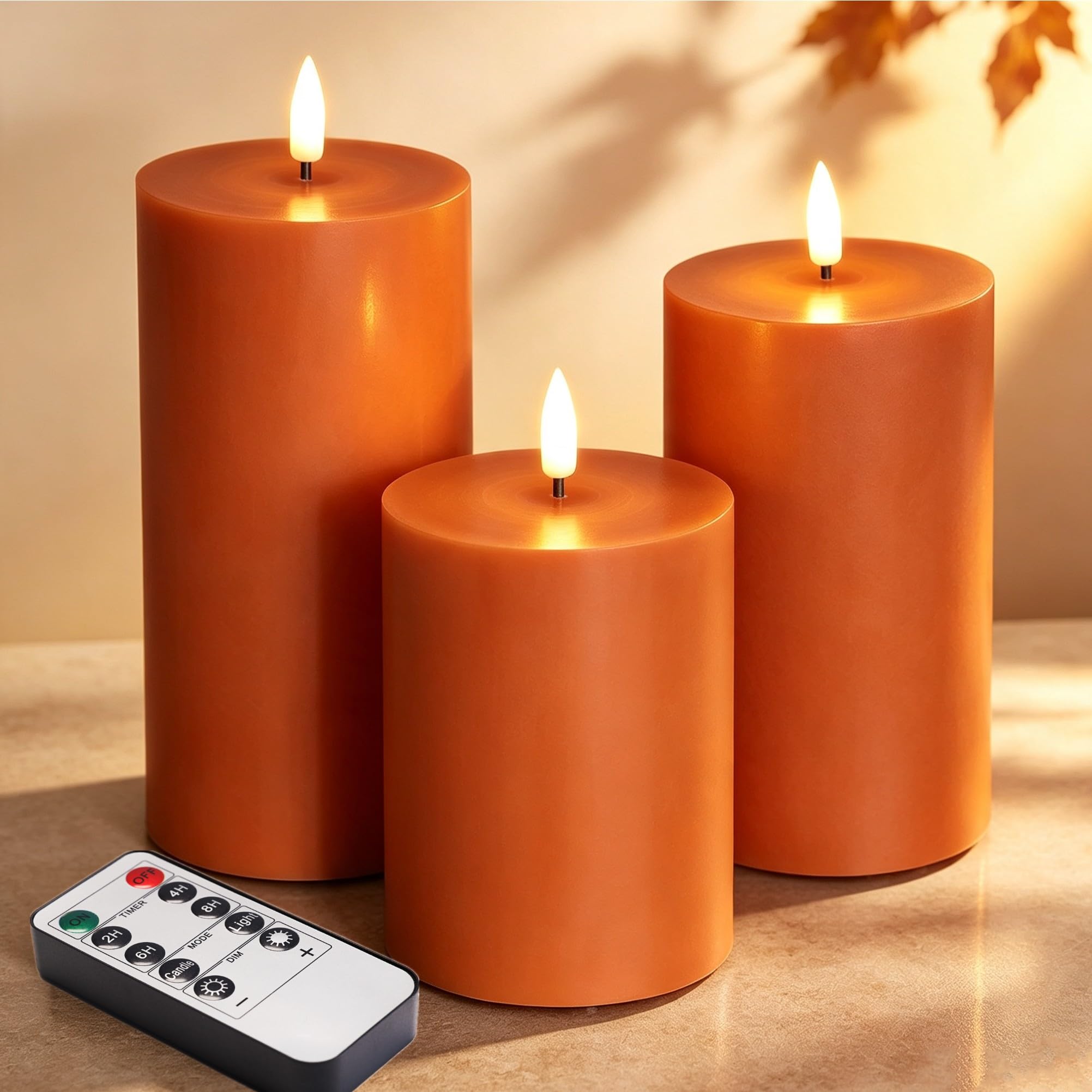 Candele a pilastro senza fiamma, in vera cera tremolante, funzionamento a batteria, set da 3 pezzi, colore: arancione bruciato