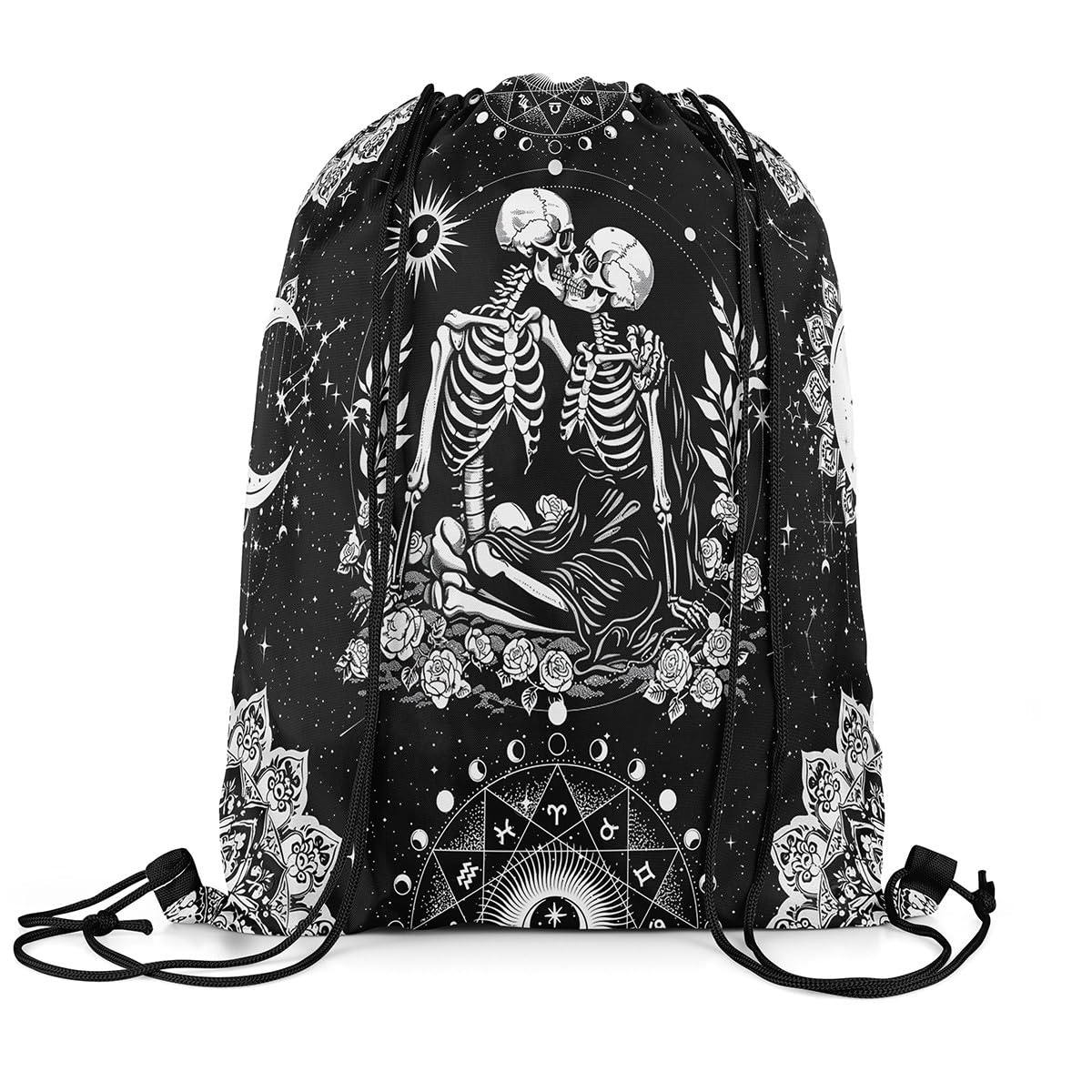 Loussiesd Gothic Skull Sports Drawstring Sackpack Halloween Themed Drawstring Backpack 40x33cm For Sugar Skull Drawstring Bags Boho Floral Waterproof Cinch Bag