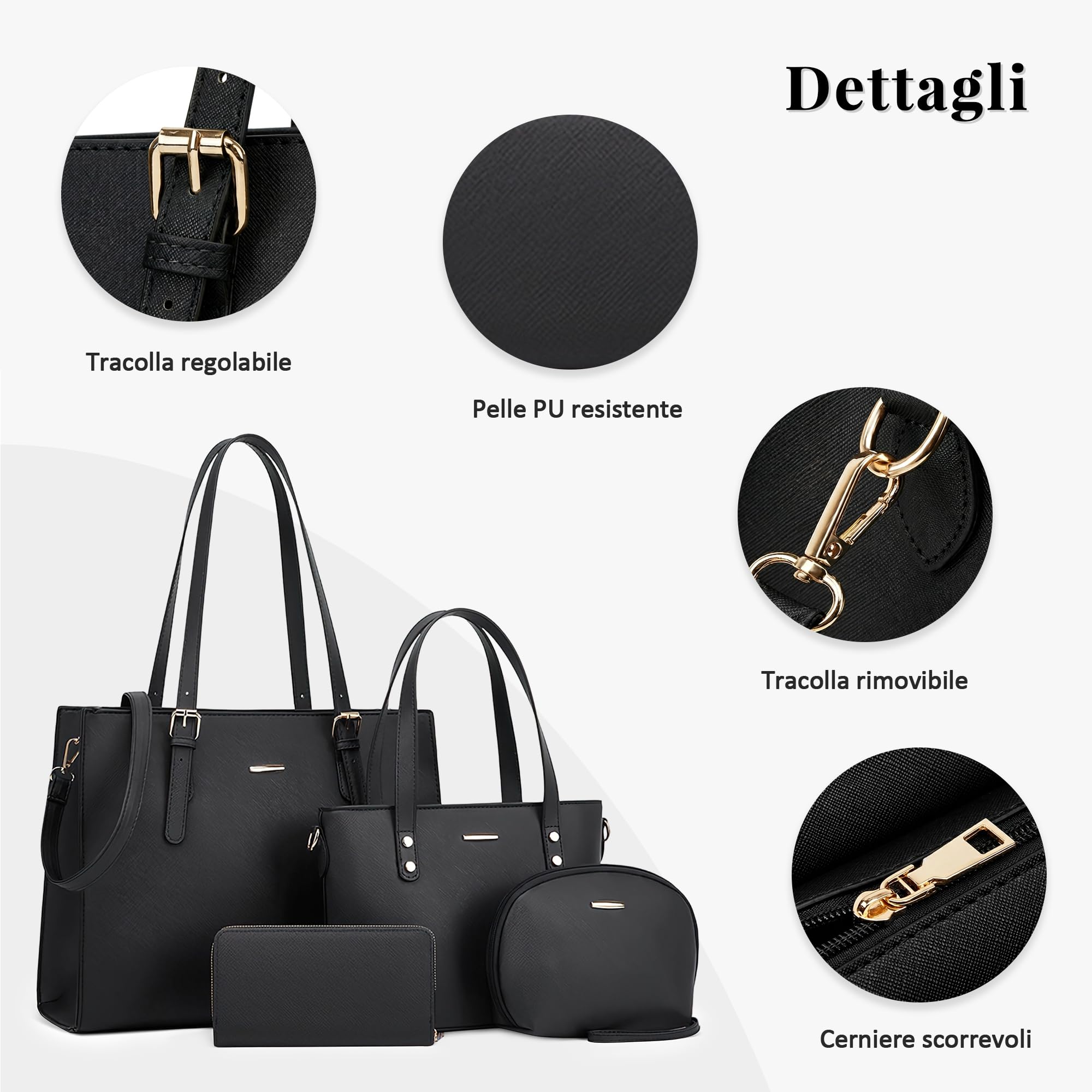 Elegante Borsa a Mano Donna Set 4 Pezzi Antifurto Borsa a tracolla Borsa Pochette Portacarte Borsa Manico Superiore Moda per Vacanze Lavoro Viaggio Festa Impermeabile PU Pelle Nero