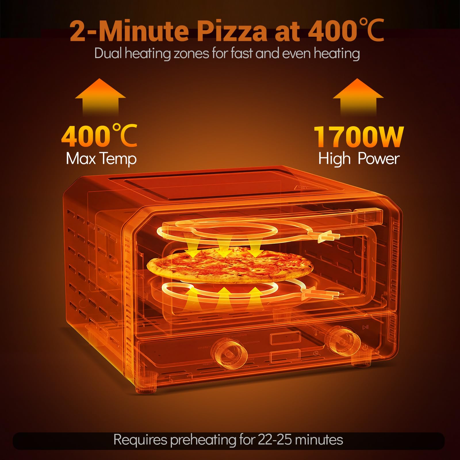 FANTASK Elektryczny piec do pizzy do 400°C, 6 programów, funkcja pieczenia 2 minuty, kamień do pizzy i koło krawieckie, urządzenie do pizzy wewnątrz