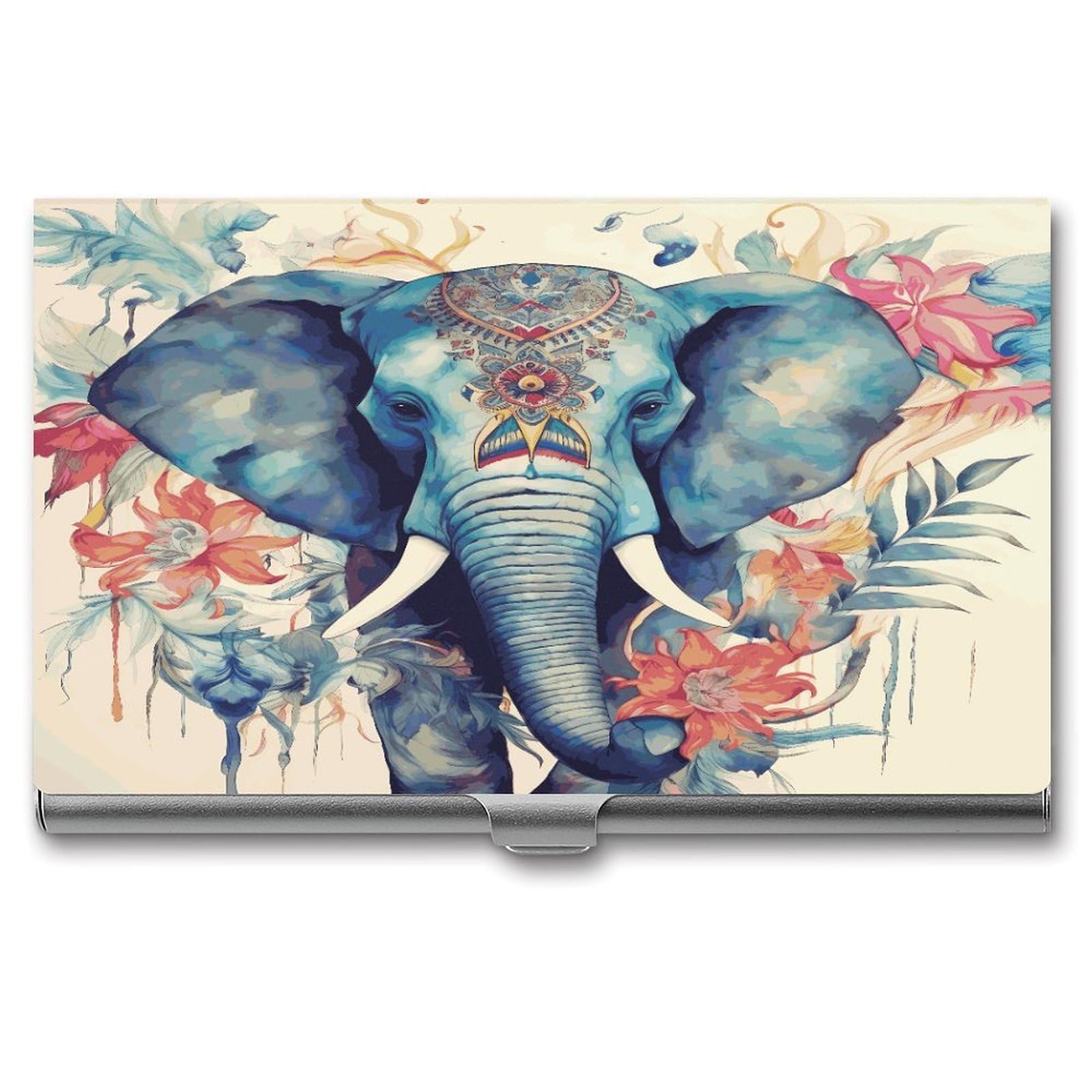JTREHY Peacock Feathers Elephant Business Card Case Convenient to Carry Business Card Dispenser Durable Not Prone to Wear And Tear Business Card Holder for Men & Women