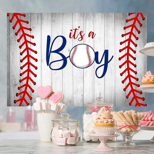 Miniatura 3 de Lofaris Telón de fondo de béisbol con texto en inglés "It's A Boy" de 5 x 3 pies para baby shower para niño, cartel gris de madera rústica para