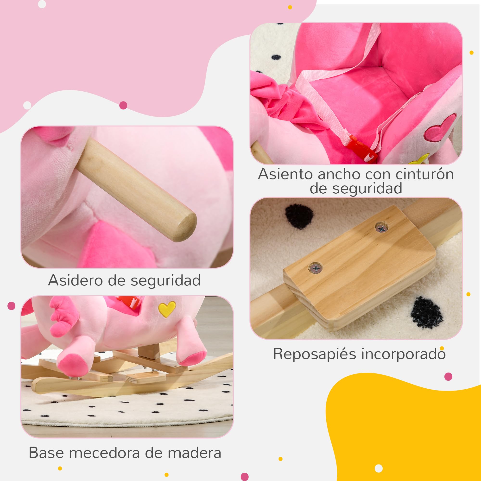 HOMCOM Caballito Balancín para Bebés 18-36 Meses Caballo Balancín en Forma de Unicornio con Música Cinturón de Seguridad Manillar y Reposapiés Carga 30 kg 65x35x45 cm Rosa