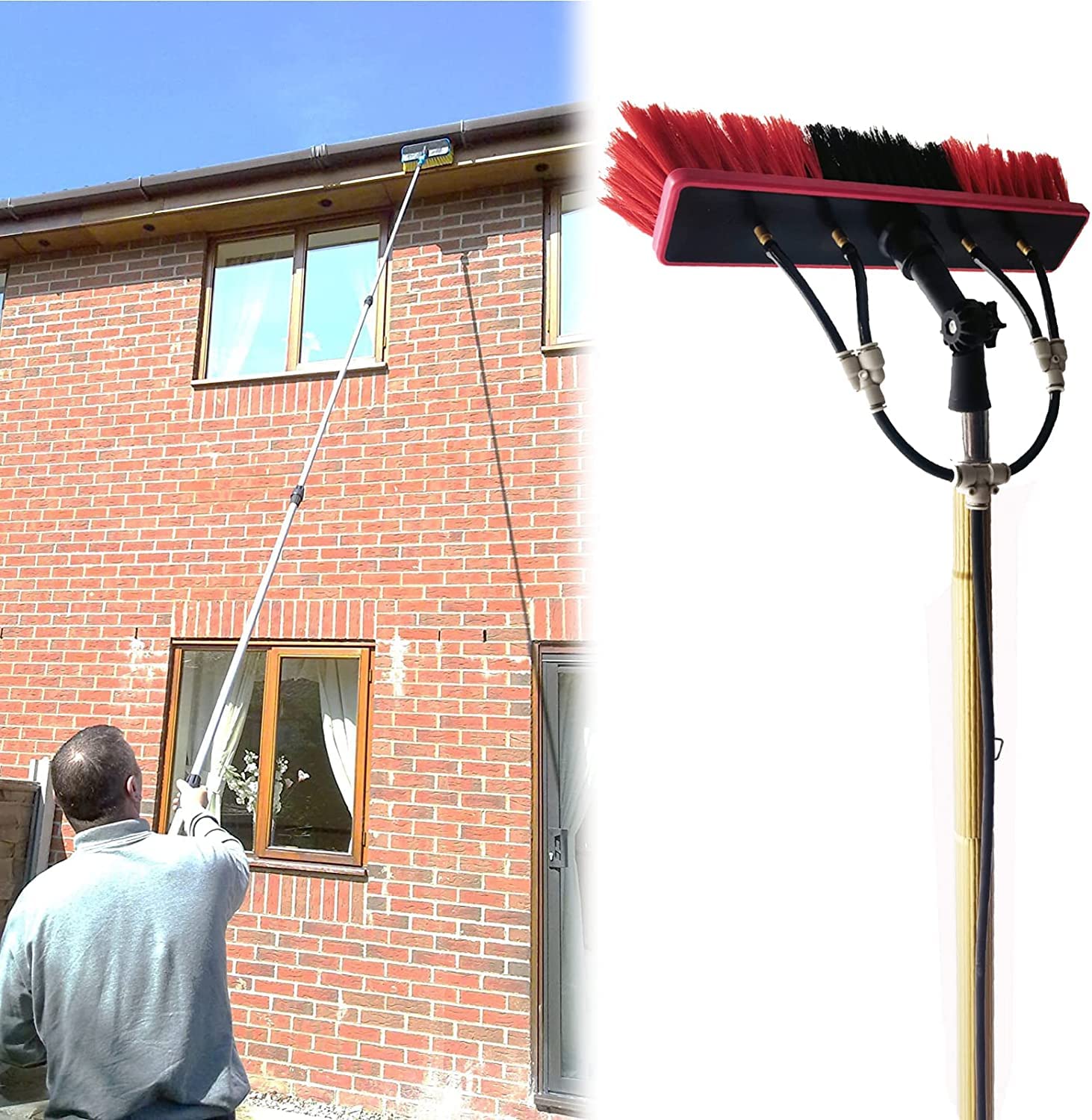 SANTUNK Outdoor Window Cleaning Pole, 3M - 9M Water Fed Telescopic Brush Water Fed Pole Kit with Hose Spray, Solar Panel Cleaning System Outdoor Washing Equipment Tool (9m/30ft) (7.2m/24ft)