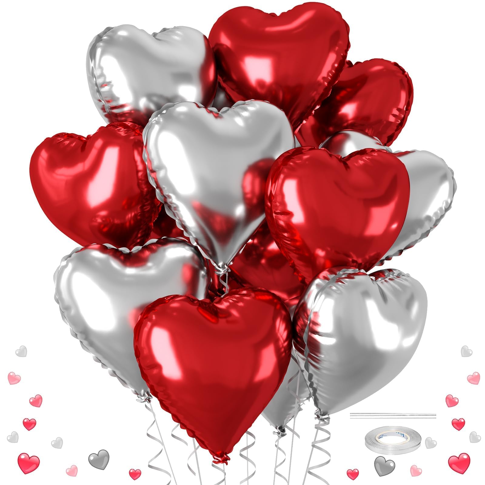 Red and Silver Heart Balloons, 12 Pcs 18 inch Valentine's Day Heart Shaped Balloons, Red Silver Foil Helium Balloon, Love Foil Balloon for Valentine's