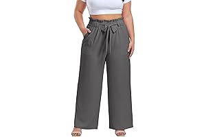 Women's Plus Size Work Pants with High-Waisted and Self-Tie Belt