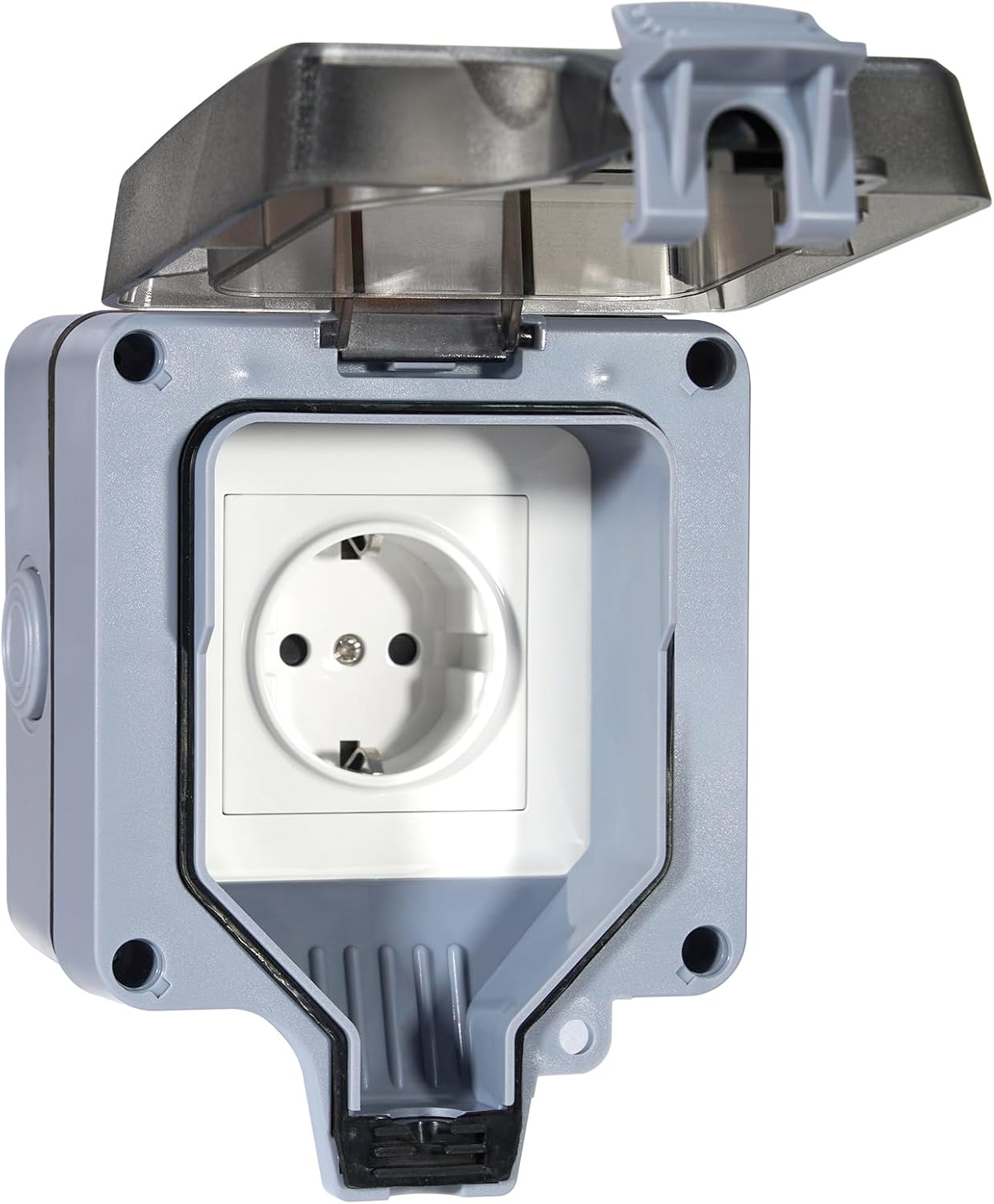 Enchufe Exterior Impermeable, Toma de Corriente Exterior IP66 con Conector de Cable y Tapa con Bisagra, Enchufes Exteriores Impermeables para Jardín, Piscina, Cocina, Baño y Garaje, Compartimento, 16A