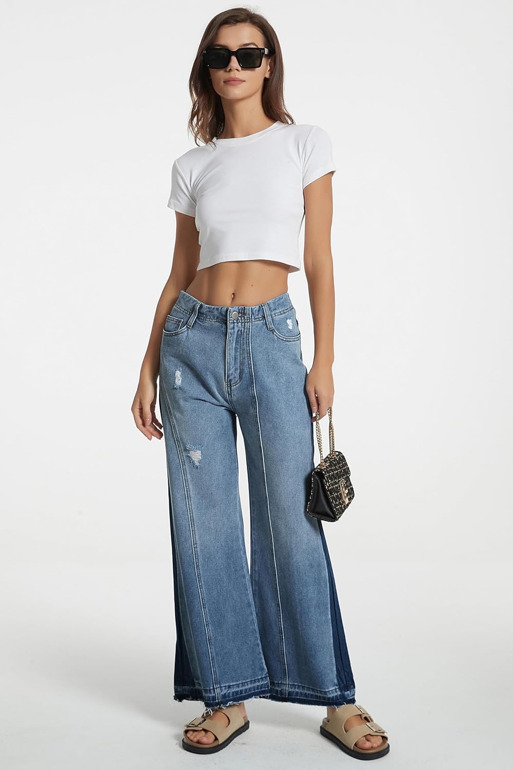 D-Sun Women's Mid Rise Wide Leg Jeans Casual Baggy Wide Leg Flared Jeans Trendy Side Seam Colorblock Denim Pants with Pockets - Image 6