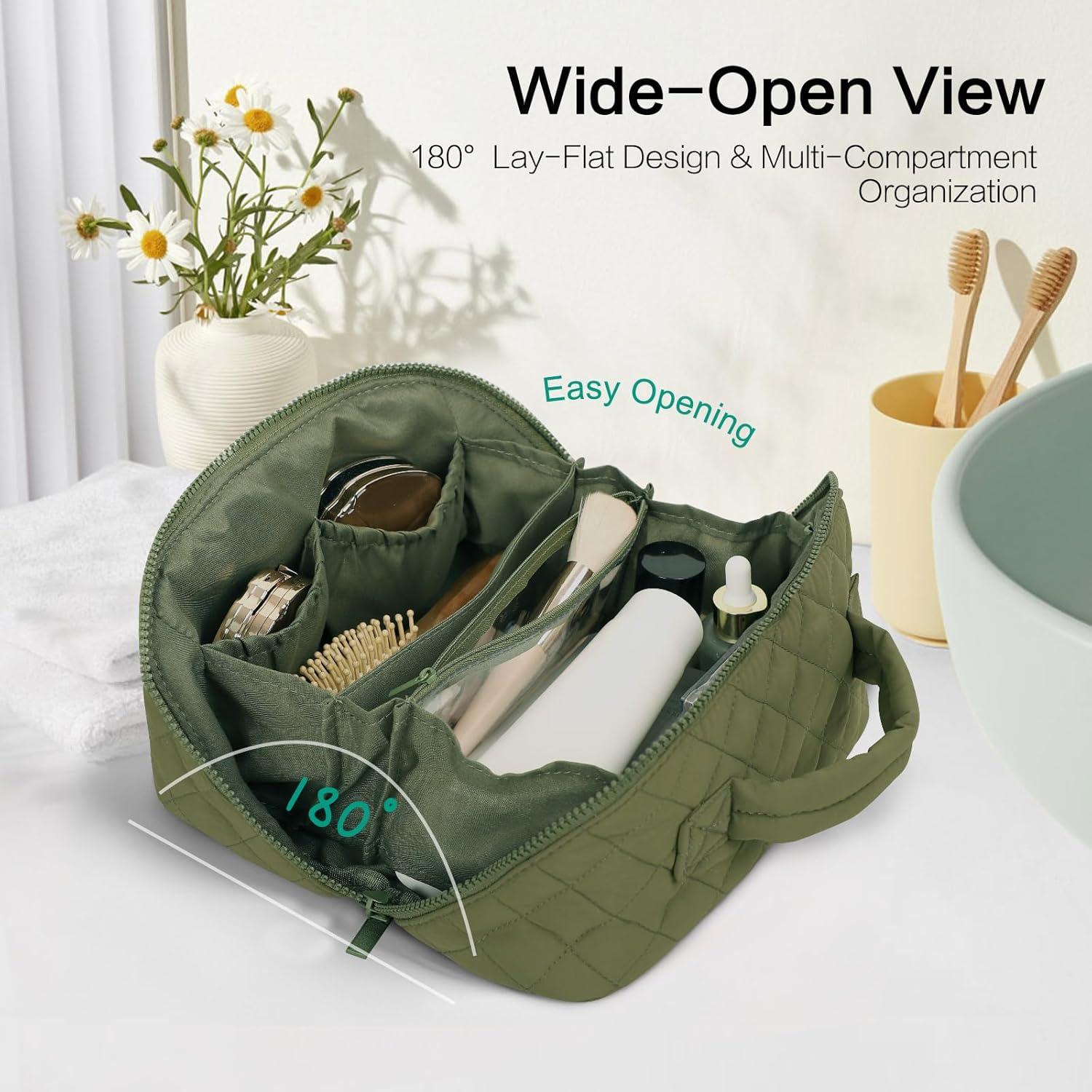 Travel Makeup Bag for Women, Puffer Quilted Open Flat Makeup Organizer with Toiletry Bag, Portable Cosmetic Case for Travel & Daily Use, Green - Image 2