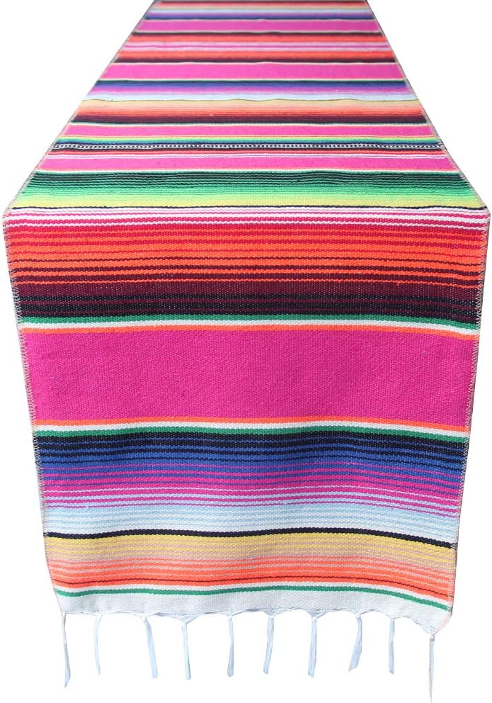 10 Packs Mexican Serape Table Runners for Mexican Theme Party, Cinco de Mayo Fiesta Party, Day of Death Decorations, Falsa Classic Striped Fringe Pattern Cotton Blanket, Purple,14x84 inches