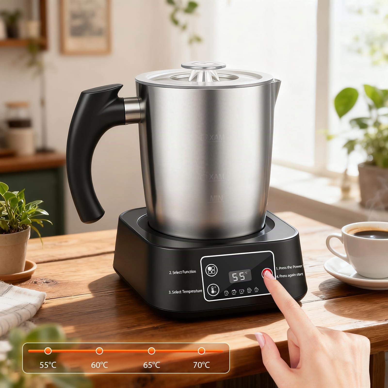 Mousseur à lait électrique – Mousseur 5-en-1, Pichet en acier inoxydable 500 ml, bol amovible et compatible lave-vaisselle, contrôle de la température, pour lait chaud et froid, cappuccino, latte