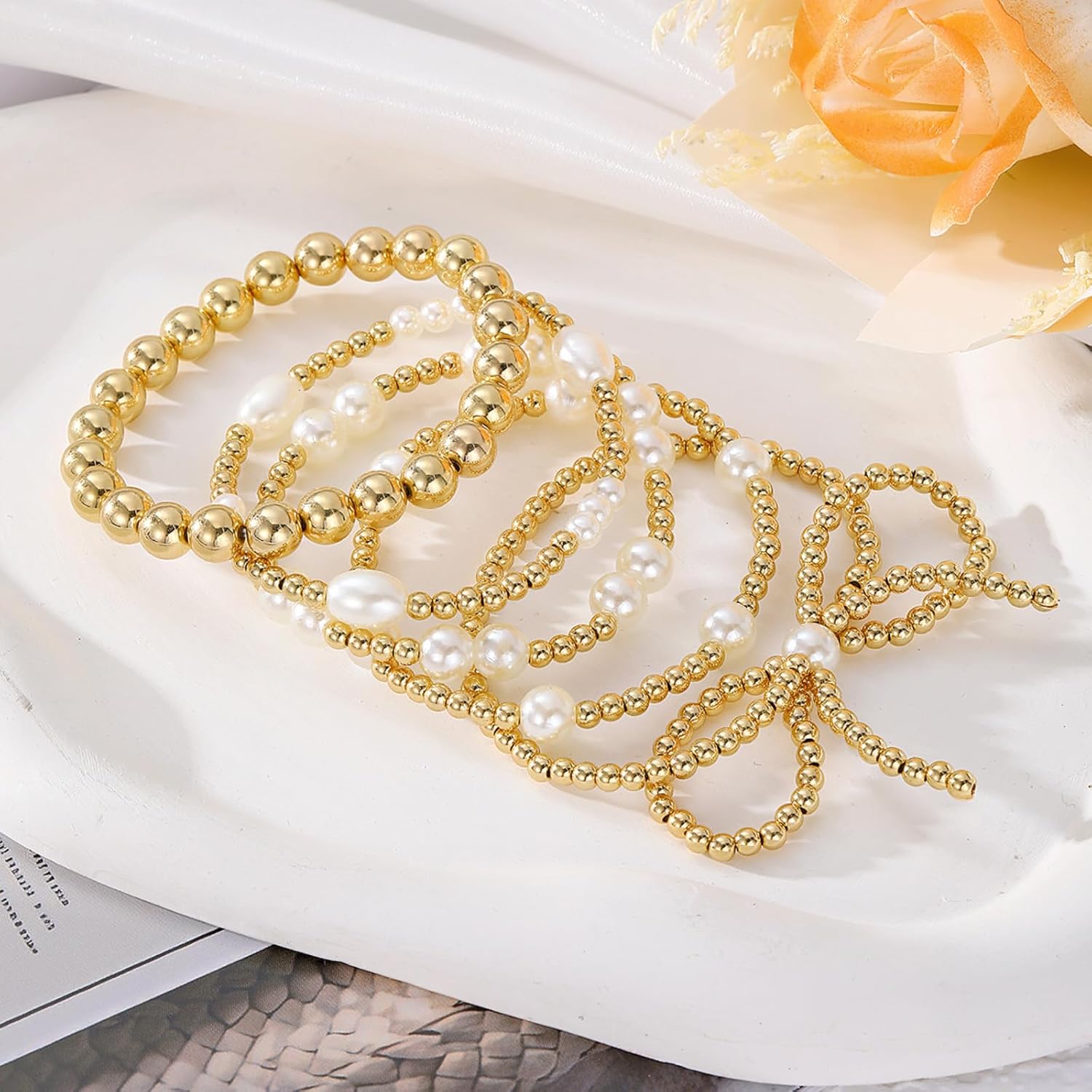 72ore Gold Bow Bracelet for Women Pink Beaded Pearl Bracelet Aesthetic Jewelry Bow Jewelry Set Gift for Women - Image 7
