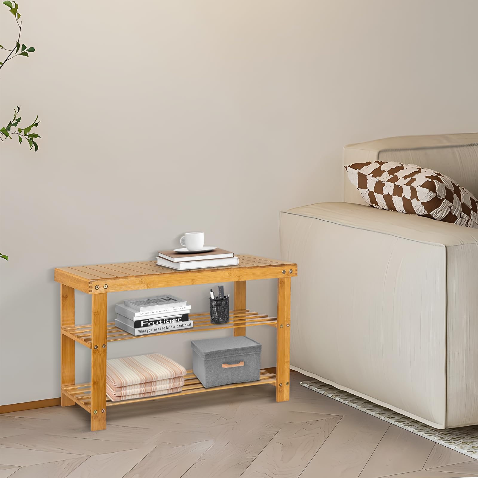 Kedia Schuhbank aus Bambus, Schuhschrank mit 2 Ebenen, Eingangsmöbel, Hocker mit Schuhregal, 70 x 27 x 42 cm (Holzfarbe)