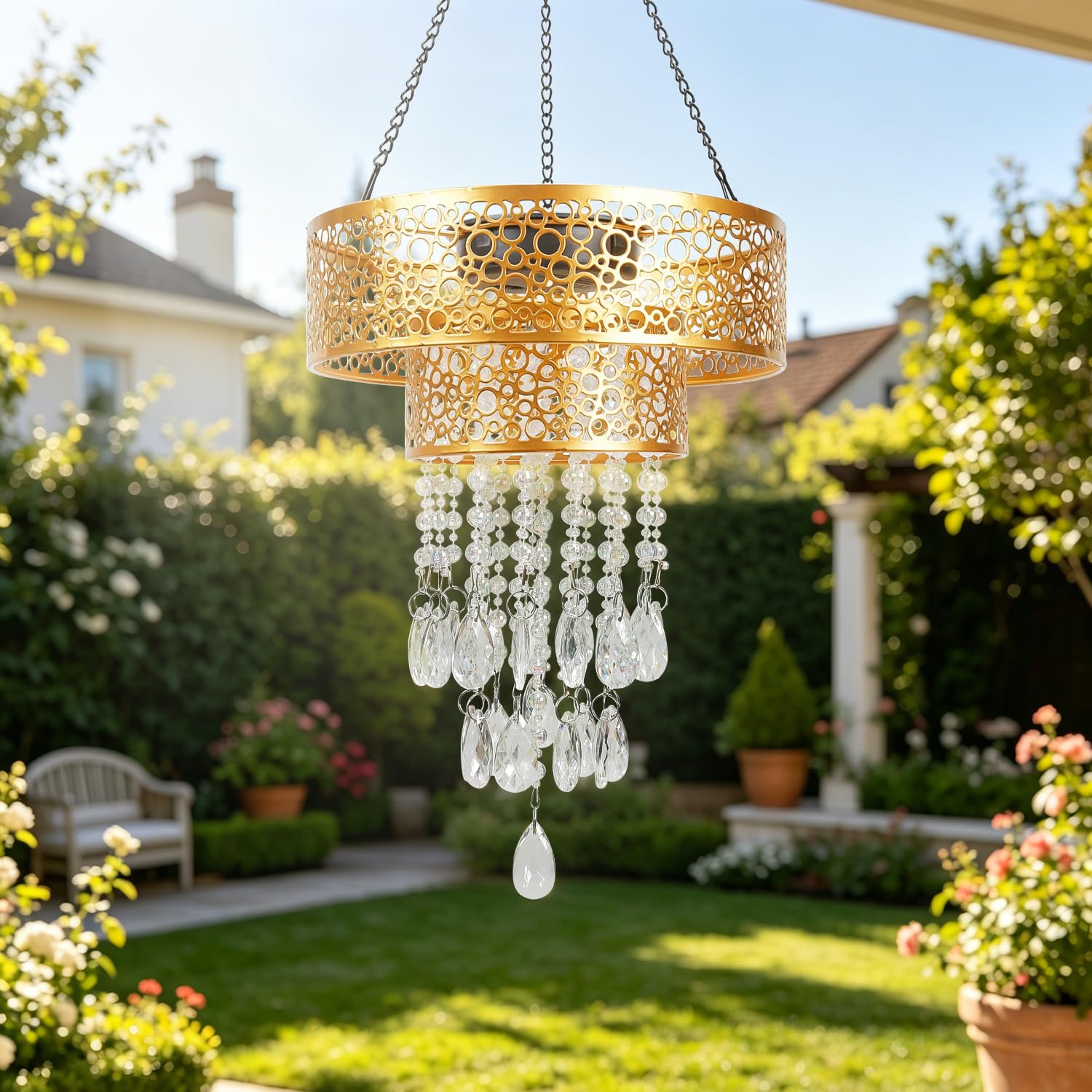 Solarlampen für Außen Solar Hängeampel mit Kristallperlen Gold Solar Laterne Garten Terrasse Balkon Outdoor Deko