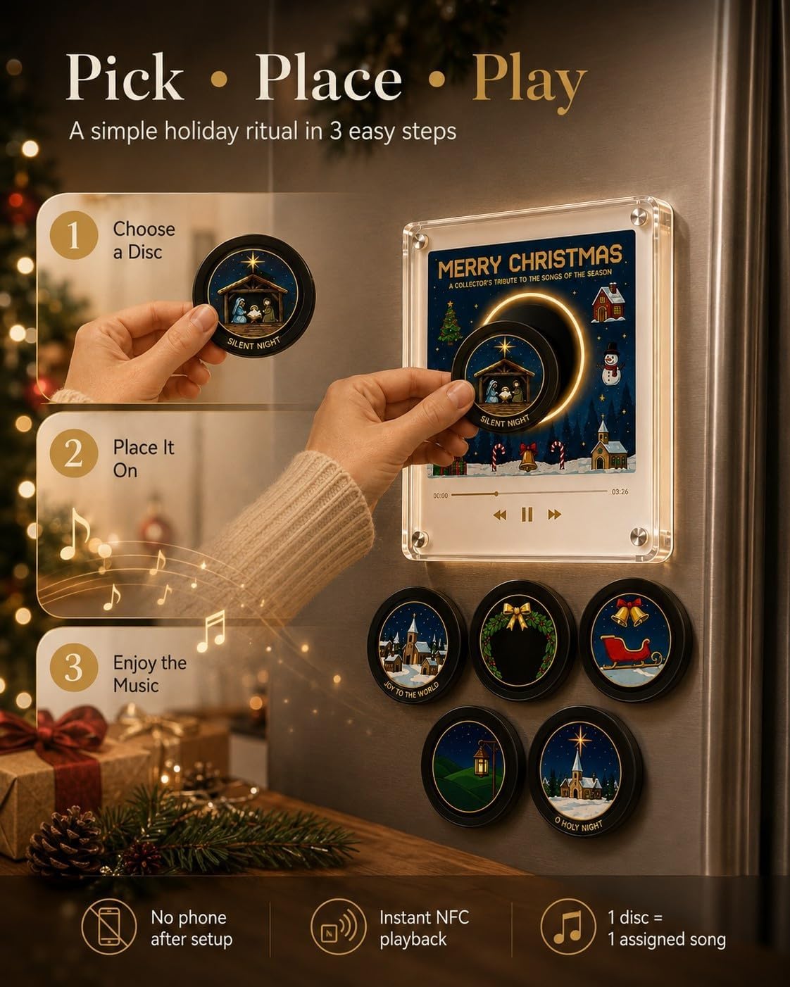 Weihnachts Retro Magnet Mini Vinyl Player Kühlschrank Mit 9 NFC-Discs (B)
