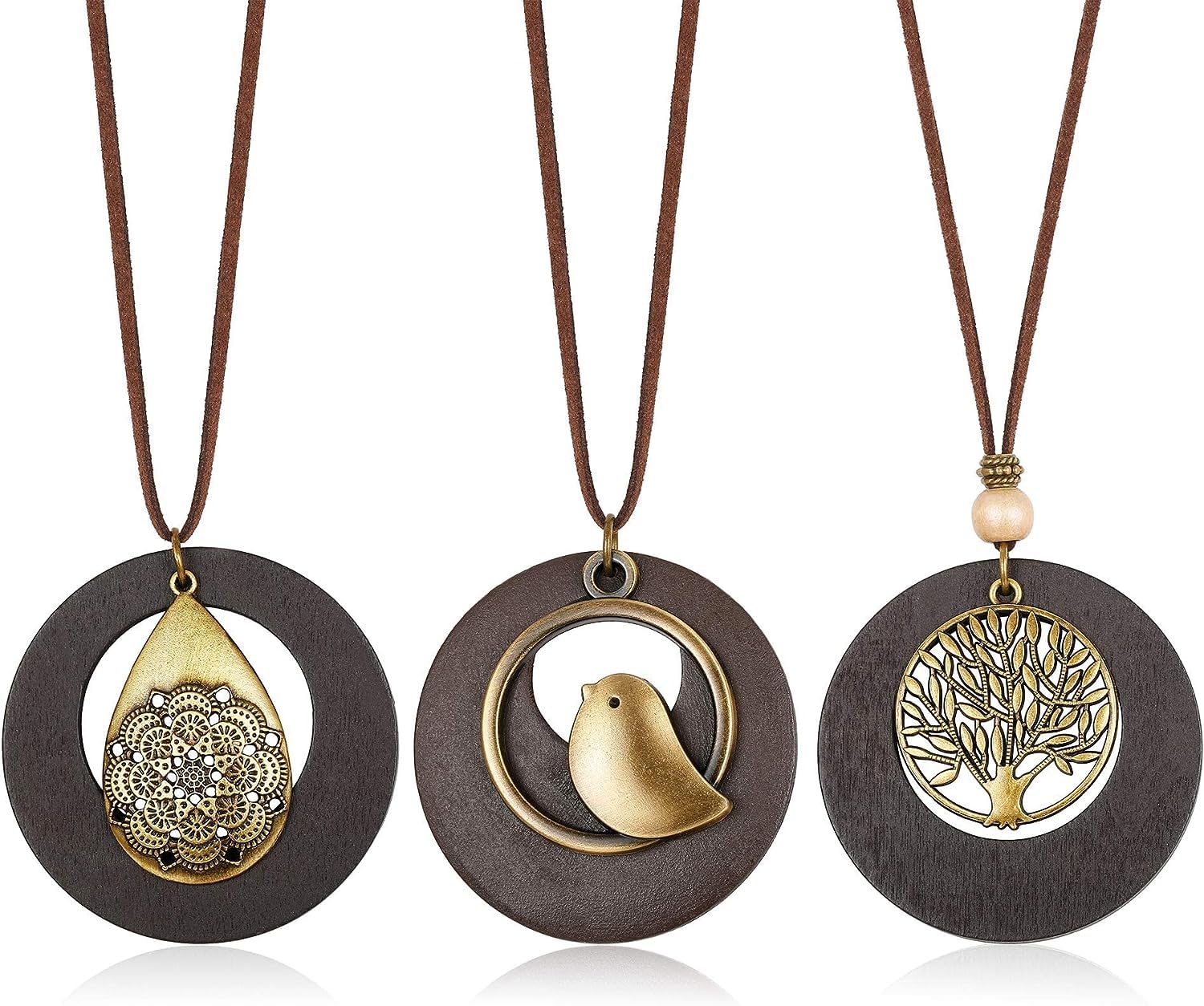 Diamday 3PCS Largos Colgantes Collares Vintage Madera Colgante Collar para Mujeres Niña Hecho a Mano Largo Suéter Collar Bohemio Étnico Largas Cadenas Árbol de la Vida Pájaro Flor Colgante Collar