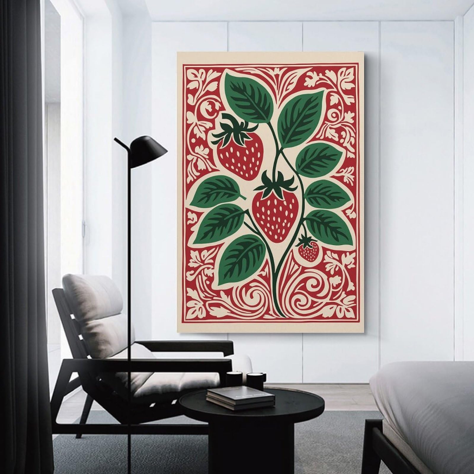 Junmoney Canvas Art Print Strawberry Plant Illustration with Decorative Border, 24x36inch(60x90cm), for Gallery Wall Decor And Room Displays, Wall Decor Suited to Curated Displays