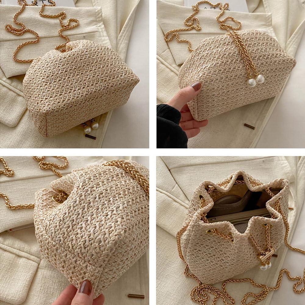 TOFBS Strandtasche Damen Häkeltasche den Sommer Stroh Clutch mit Kette Crossbody Tasche Vintage Boho Stil Umhängetasche für Strand Urlaub Reisen