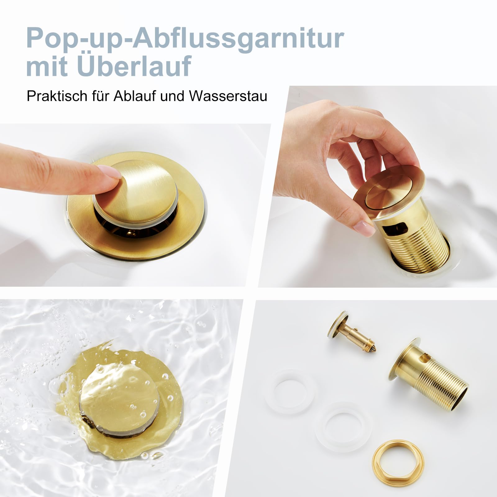 Waschtischarmatur für Badezimmer eckig, Hochdruck Einhebelmischer Armatur Wasserhahn für Waschbecken Bad W.C mit Pop-Up Ablaufgarnitur aus Edelstahl in gebürstetes gold