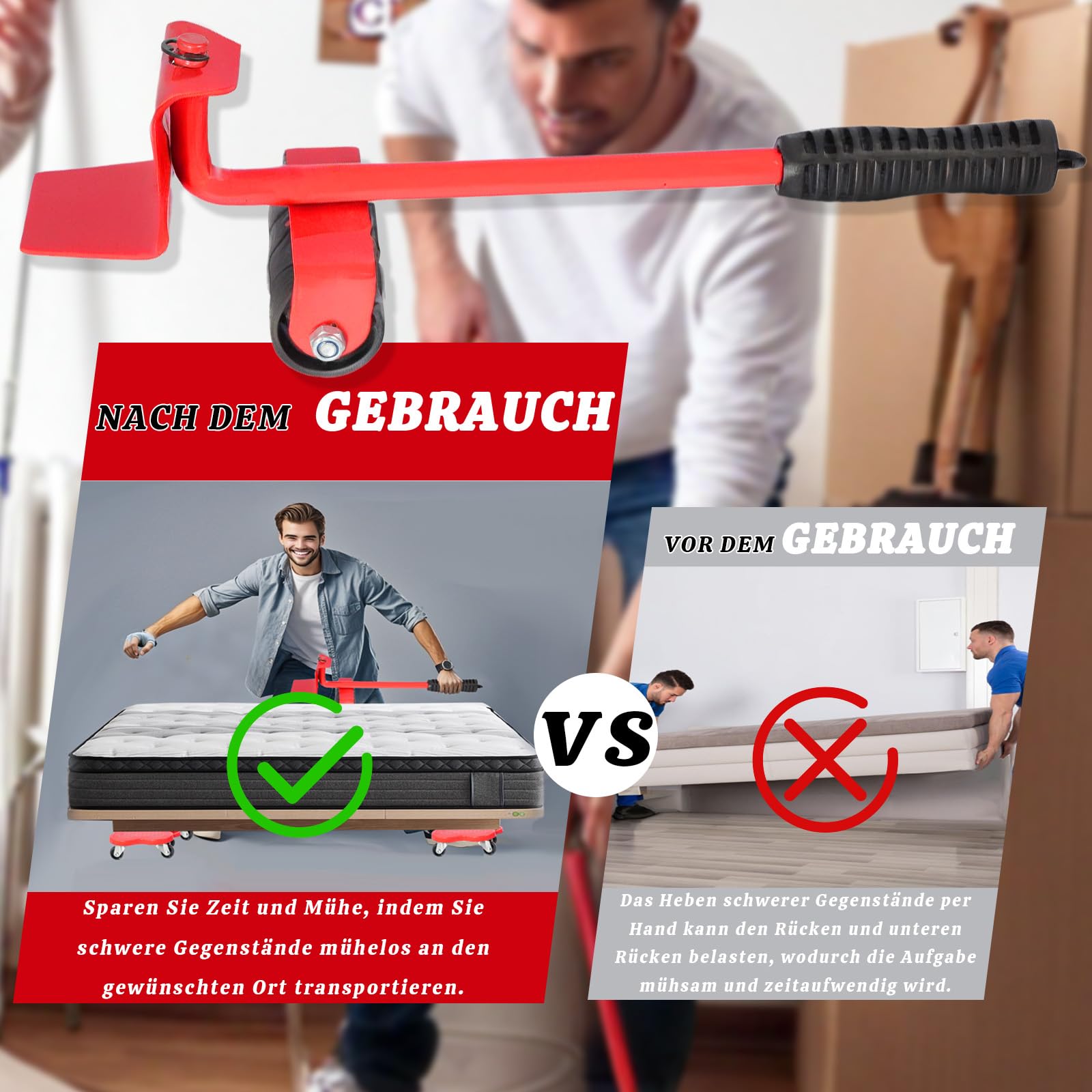 Juego de herramientas de elevación para muebles con palanca ajustable y 4 ruedas giratorias silenciosas, rotación 360°