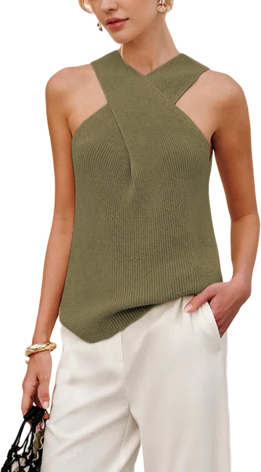 Yidarer Women Criss Cross Halter Tops Knit Over Collar Tank Sleeveless Flexible Beach Travel Daily Casual Vest