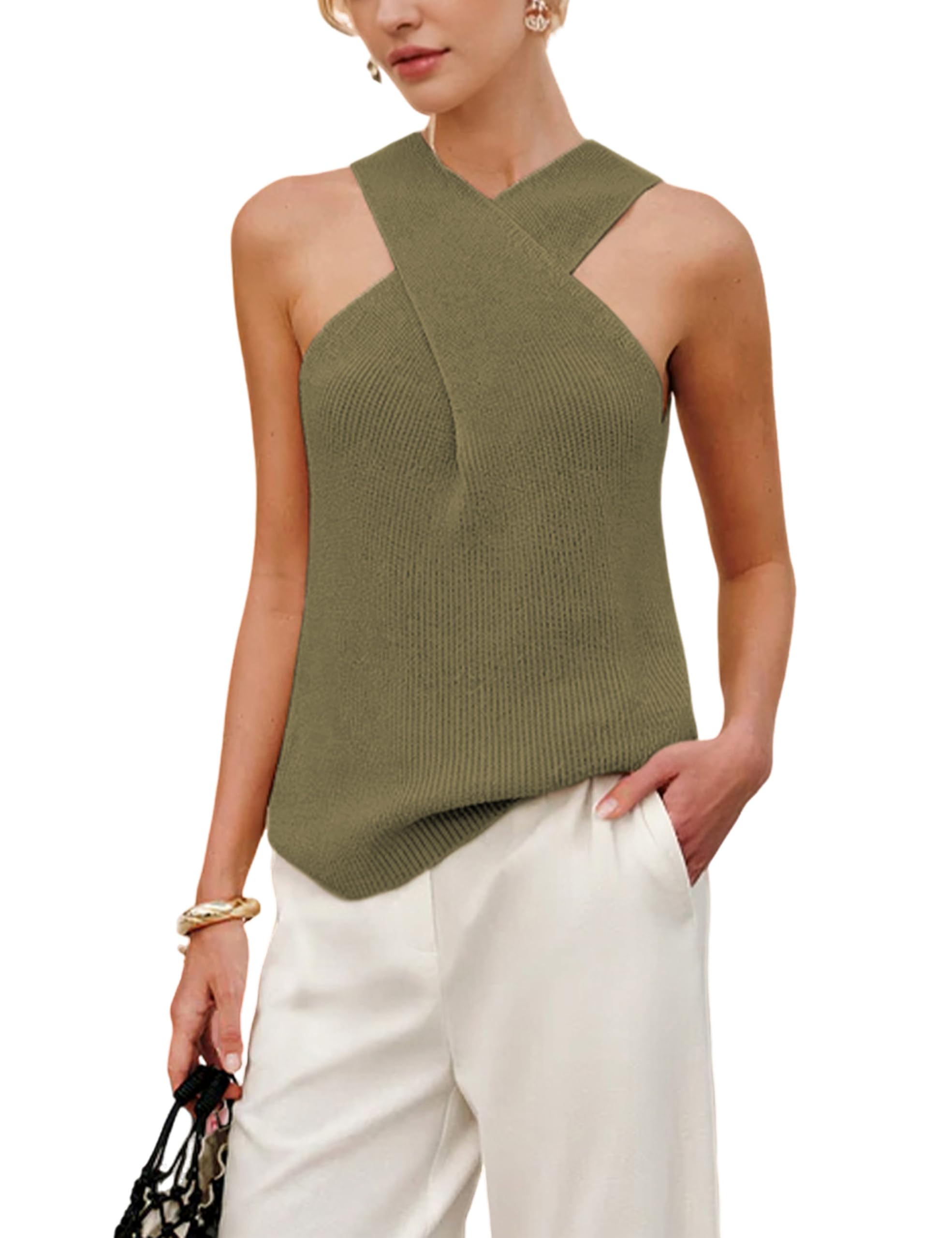 Photo 1 of Yeokou Women Halter Cross Over Collar Tank Knit Sleeveless Top Solid Color Casual Summer Blouse (ArmyGreen-S)