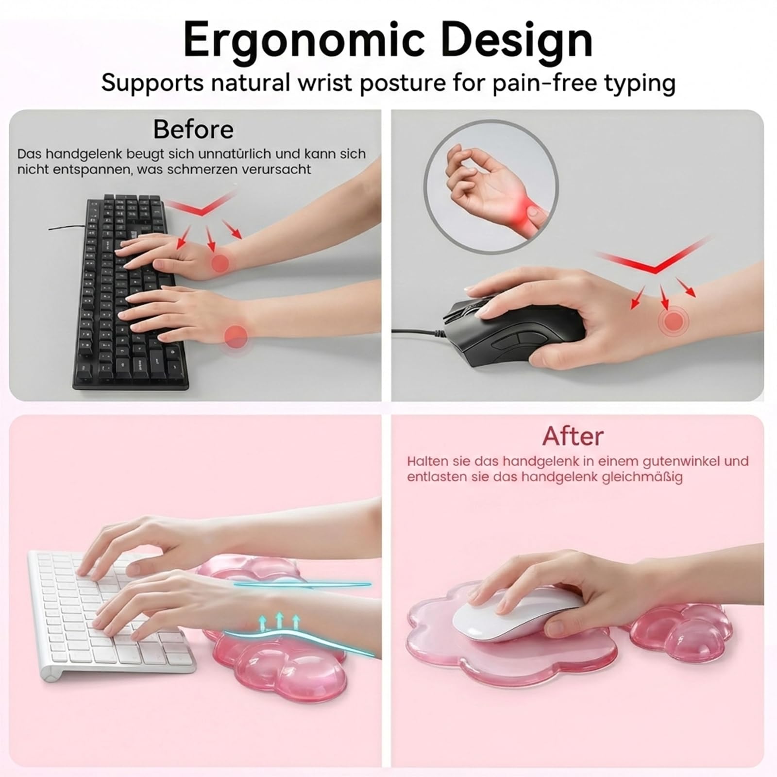 Juego de accesorios para gaming, reposamuñecas teclado y alfombrilla de ratón, reposamuñecas teclado para aliviar el estrés, rosa Cloud Desk