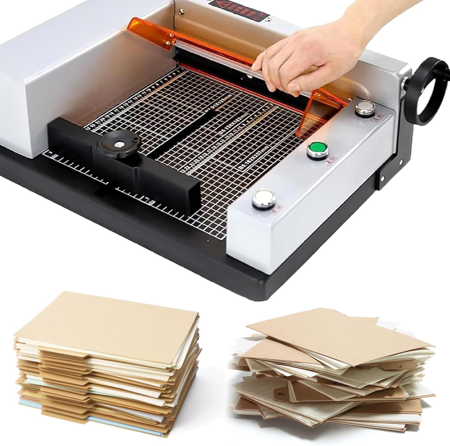 Taglierina elettrica per carta da 40 mm con leva, in acciaio industriale resistente, adatta per pelle e tessuti.
