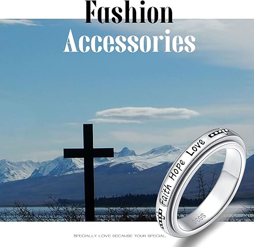 Miniatura 5 de Anillo giratorio de plata de ley S925 con texto en inglés "Faith Hope Love", anillo inspirador antiansiedad