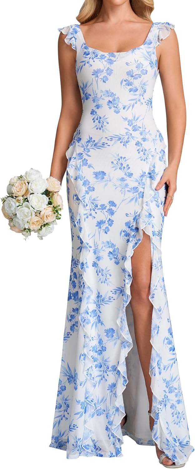 Parthea Women's Floral Wedding Guest Maxi Dress Square Neck Ruffle Hem Formal Cocktail Party Long Dress for Summer 2026