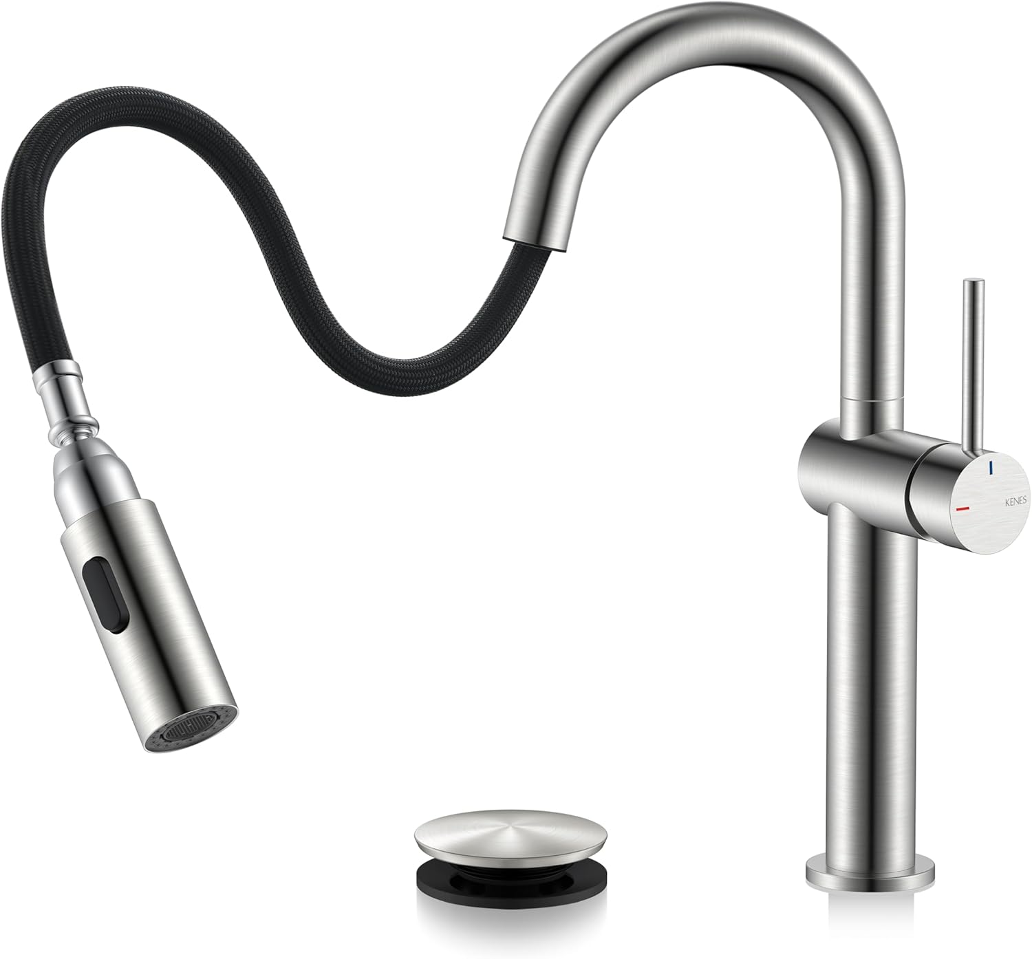 KENES Tall Bathroom Faucets with Pull Down Sprayer, Brushed Nickel Vessel Sink Faucet with Pull Out Sprayer, Single Handle Vanity Faucet 1 Hole with Pop Up Drain & Supply Lines, LJ-9065A