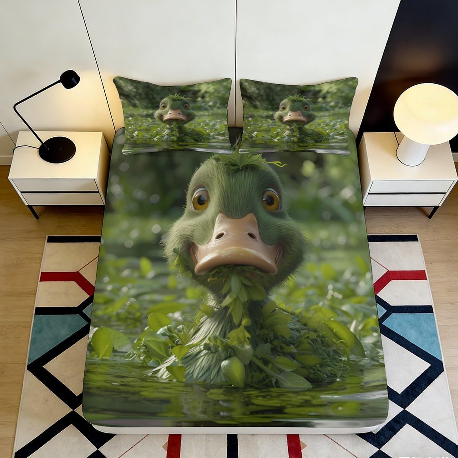 3D Printed Cartoon Duck Fitted Sheet Microfiber Deep Pocket Bedroom Bedding Duck Mattress Fitted Cover Non-Slip Elastic Hem 140x200x25cm
