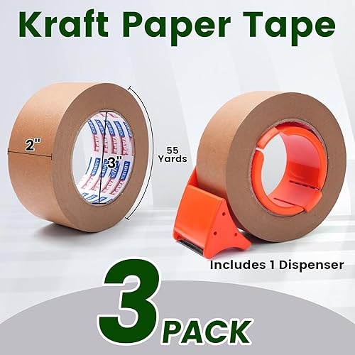 Miniatura 2 de ADHES - Cinta de papel kraft con dispensador, 2 pulgadas x 55 yardas x 3 rollos - Cinta de embalaje marrón ecológica, adhesivo fuerte, dispensador